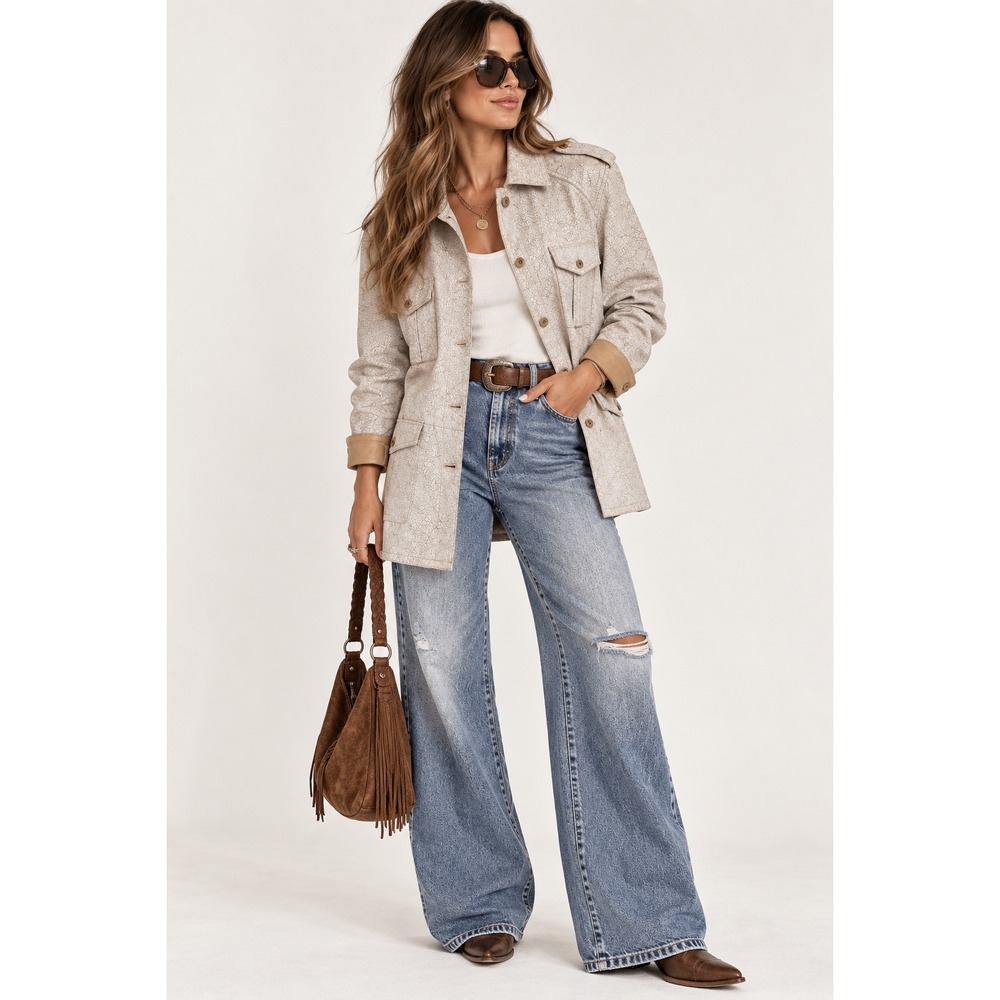 Gimo's Italy Crackle Leather Safari Jacket Tan Silver Metallic Utility Coat